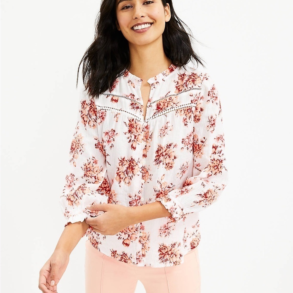 Loft Bouquet Lacy Ruffle Blouse White Red Floral Cotton Button Front Top Size LG